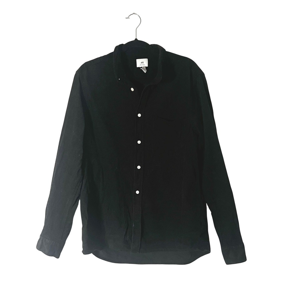 Black Corduroy Button Down Shirt Mens Medium Regular Fit Long Sleeve